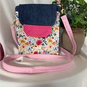 HANDMADE Denim and Floral Crossbody Bag with Pink Accents